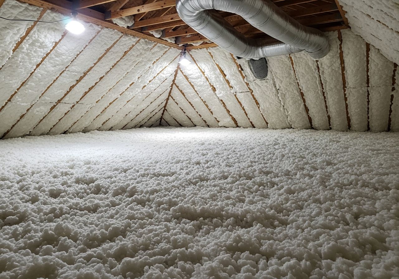 Fresh blown-in insulation covering the floor of a Virginia Beach home attic