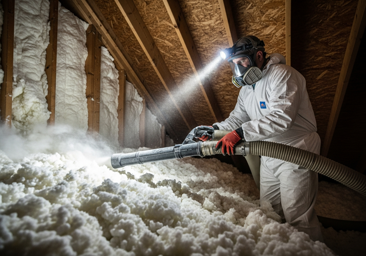 Technician installing blown-in fiberglass insulation for Hampton Roads humid coastal climate