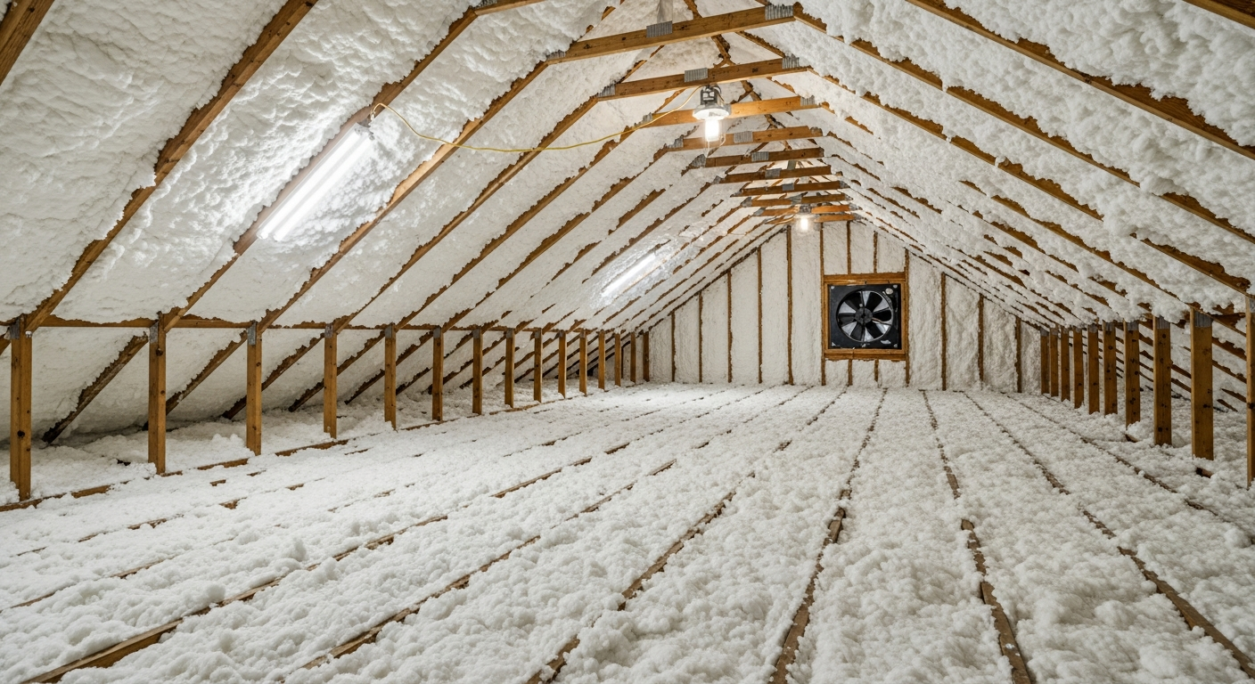 Attic with whole-house fan and fresh white blown-in fiberglass insulation in a Bayside Pembroke area home near Town Center Virginia Beach, ZIPs