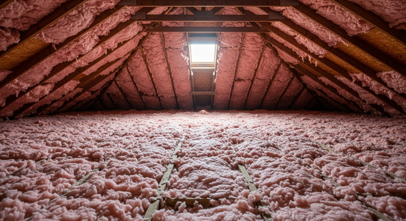 Attic with new blown-in fiberglass insulation in a mid-century ranch home in Brighton Portsmouth,