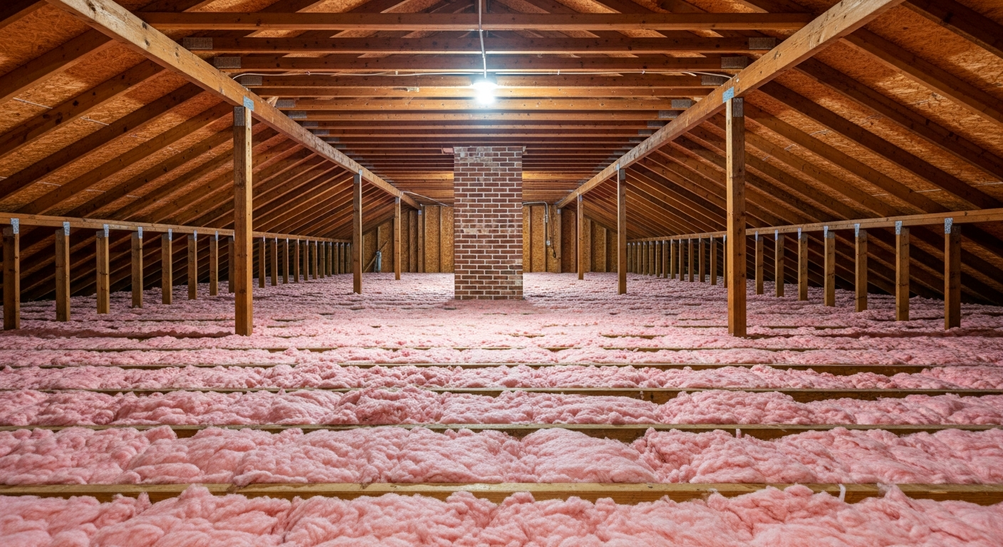 1960s ranch attic with pink blown-in fiberglass insulation and a brick chimney in Camelot, Chesapeake VA,