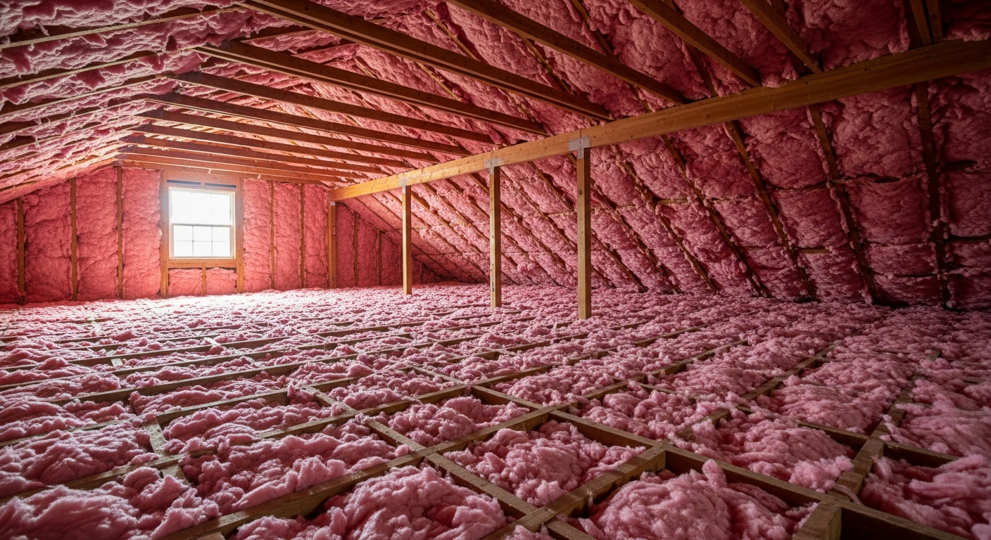 Attic with fresh blown-in fiberglass insulation in a well-kept 1960s brick rancher in Cavalier Manor Portsmouth,