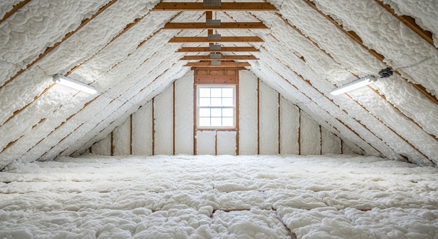 Attic with dormer window and fresh white blown-in fiberglass insulation in a Chic's Beach bayfront cottage near the Chesapeake Bay Bridge-Tunnel, Virginia Beach