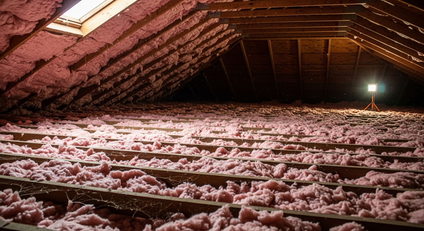 Attic with new blown-in fiberglass insulation in a 1970s two-story colonial in Churchland Portsmouth near the Western Branch,