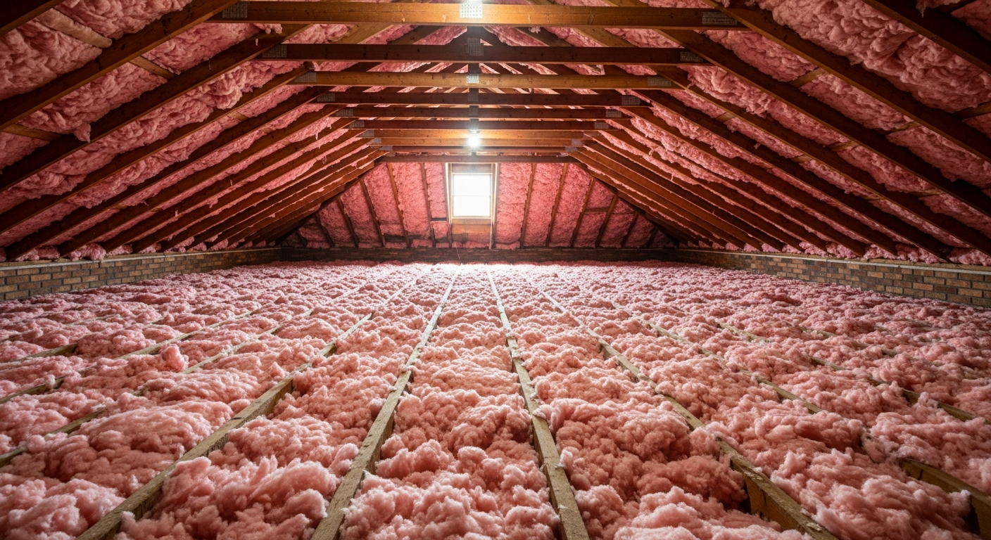Attic with fresh blown-in fiberglass insulation in a 1918 planned-community home in Cradock Portsmouth,