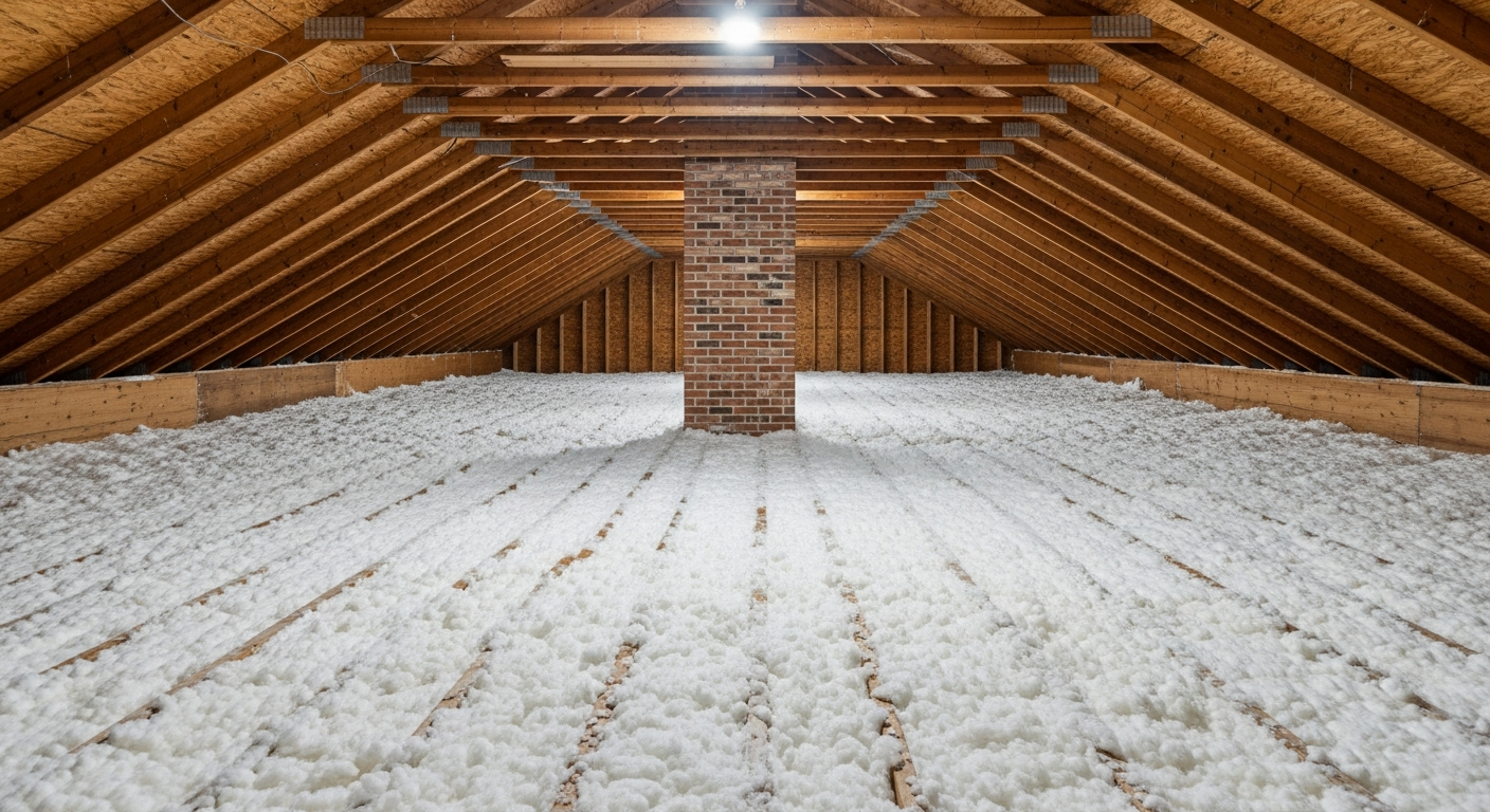 Attic with white blown-in fiberglass insulation covering the floor of a Deep Creek Chesapeake two-story home near the Dismal Swamp Canal,