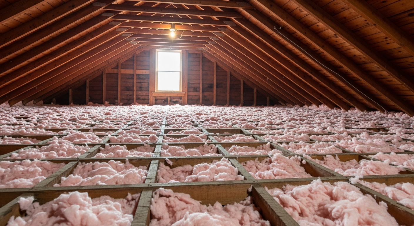 Attic with fresh blown-in fiberglass insulation in a historic Downtown Norfolk rowhouse near the Freemason District,