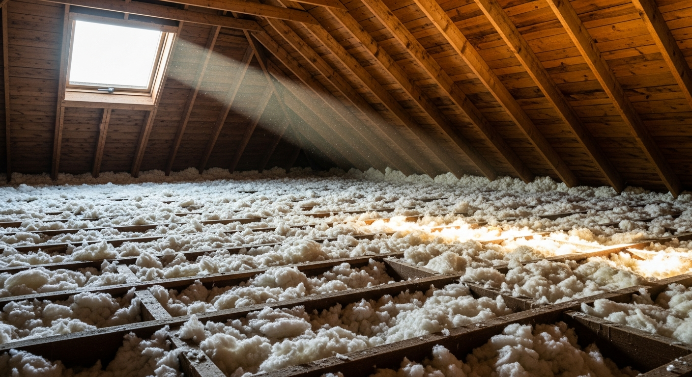 Attic with fresh blown-in fiberglass insulation under century-old framing in a Downtown Portsmouth rowhouse near the Elizabeth River,