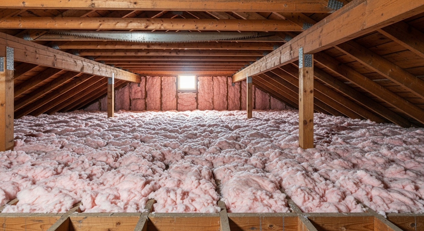 Attic with blown-in fiberglass insulation between original wood joists in an early-1900s Ghent Norfolk craftsman home near the Hague, ZIPs