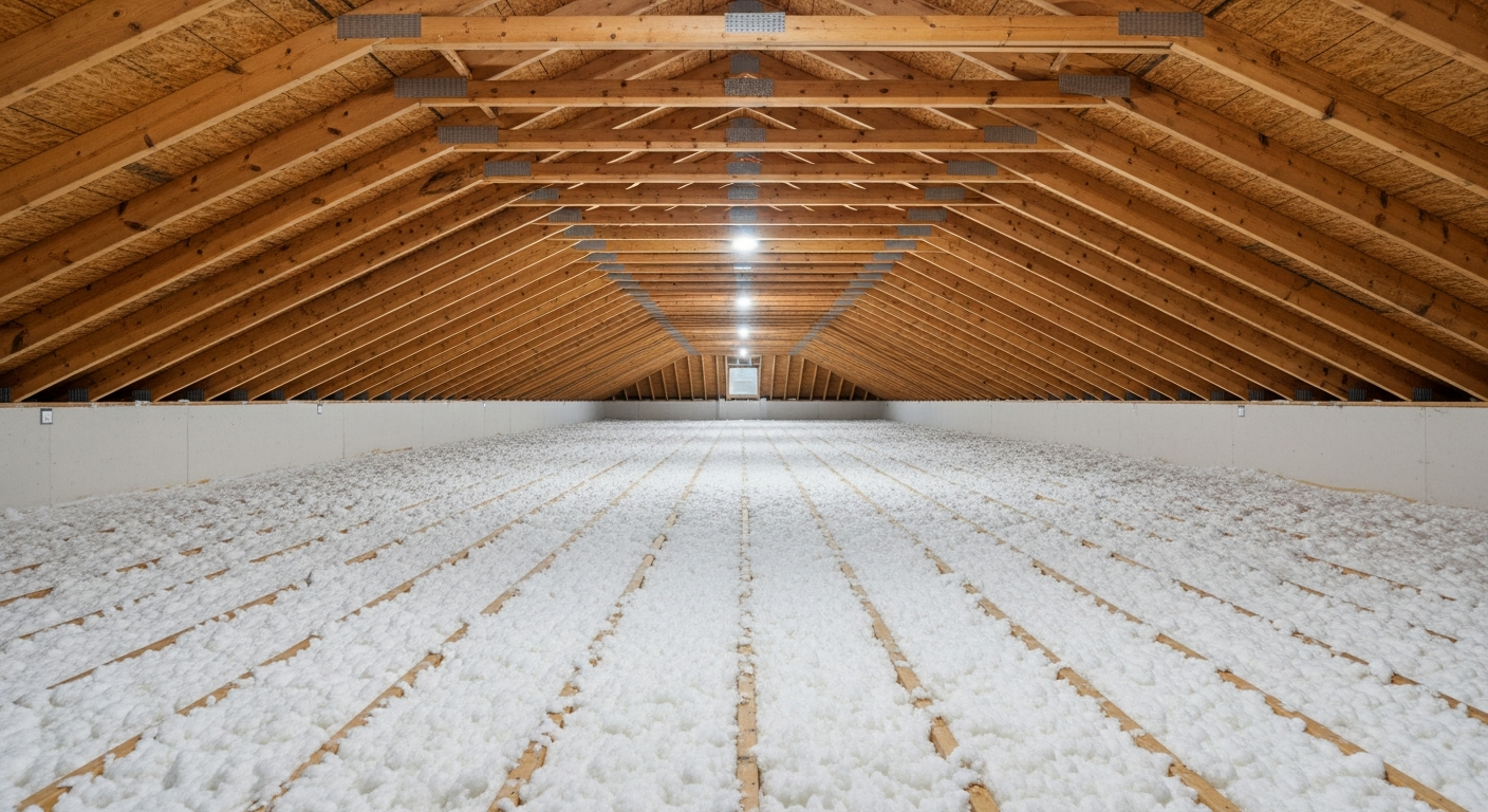 Large modern attic with white blown-in fiberglass insulation and engineered trusses in a Grassfield Chesapeake 2000s home,