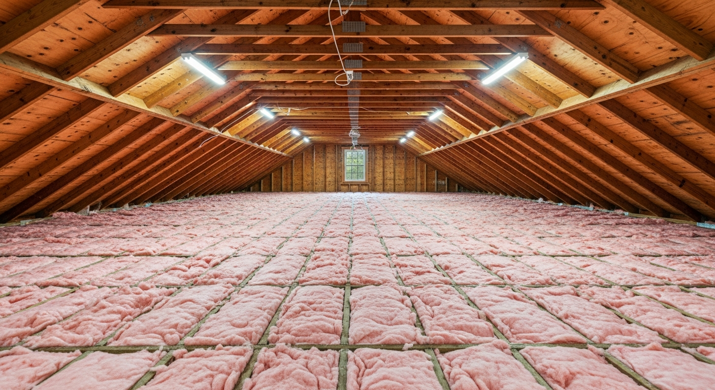 Attic with pink blown-in fiberglass insulation in a Great Bridge Chesapeake colonial home near the Great Bridge Battlefield,