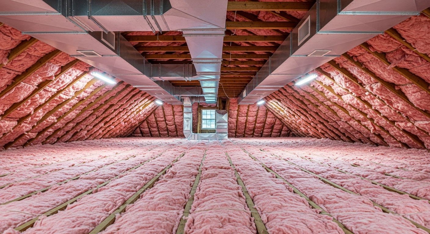 Spacious colonial attic with pink blown-in fiberglass insulation and ductwork in a Great Neck Virginia Beach home near the Lynnhaven River, ZIPs