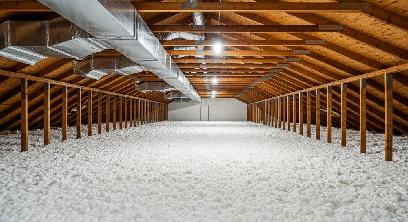 Attic with white blown-in fiberglass insulation and ductwork in a Greenbrier Chesapeake suburban home near Greenbrier Mall, ZIPs