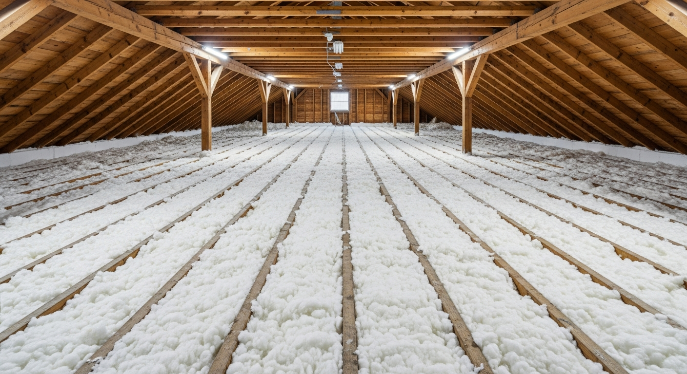 Farmhouse attic with white blown-in fiberglass insulation and exposed beams in Hickory, southern Chesapeake VA, ZIPs