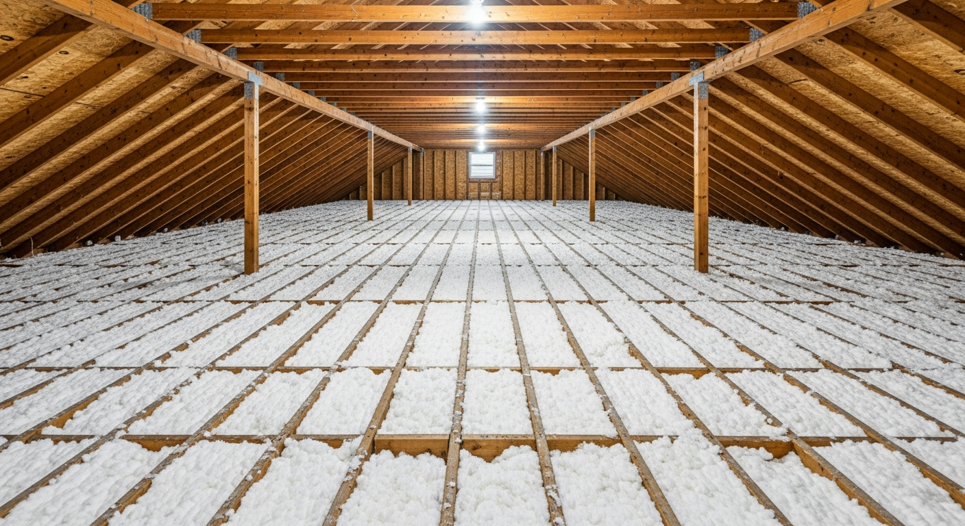 Low brick ranch attic with white blown-in fiberglass insulation in Indian River Chesapeake near the Elizabeth River's Eastern Branch, ZIPs