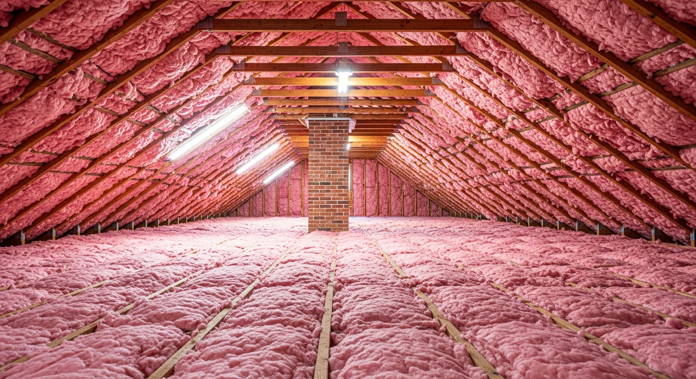Attic with brick chimney surrounded by fresh pink blown-in fiberglass insulation in a Kempsville Virginia Beach colonial home, ZIPs