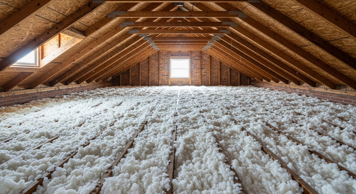 Attic with fresh blown-in fiberglass insulation in a brick colonial Larchmont Norfolk home near the Lafayette River,