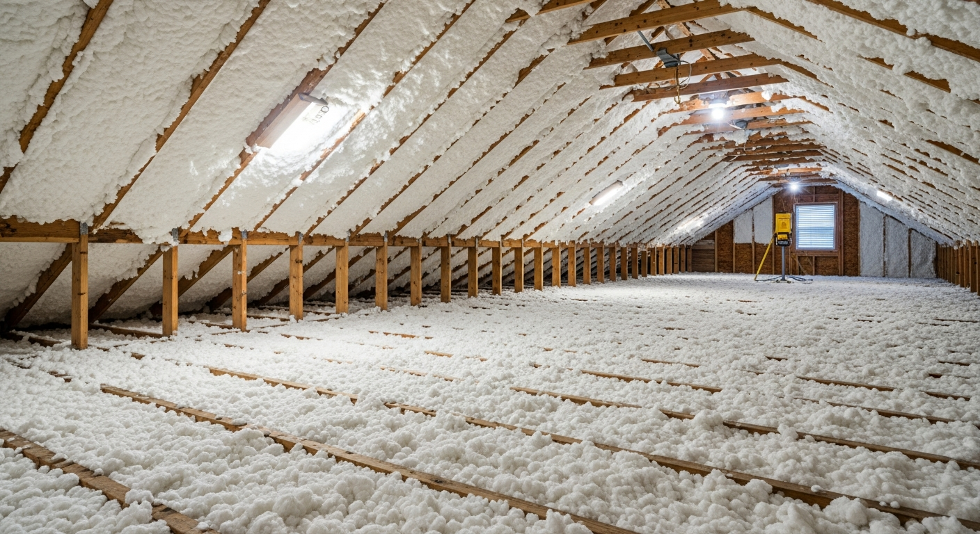 Low-pitch ranch attic with fresh white blown-in fiberglass insulation near a gable vent in a Little Neck Virginia Beach home on the Lynnhaven River,