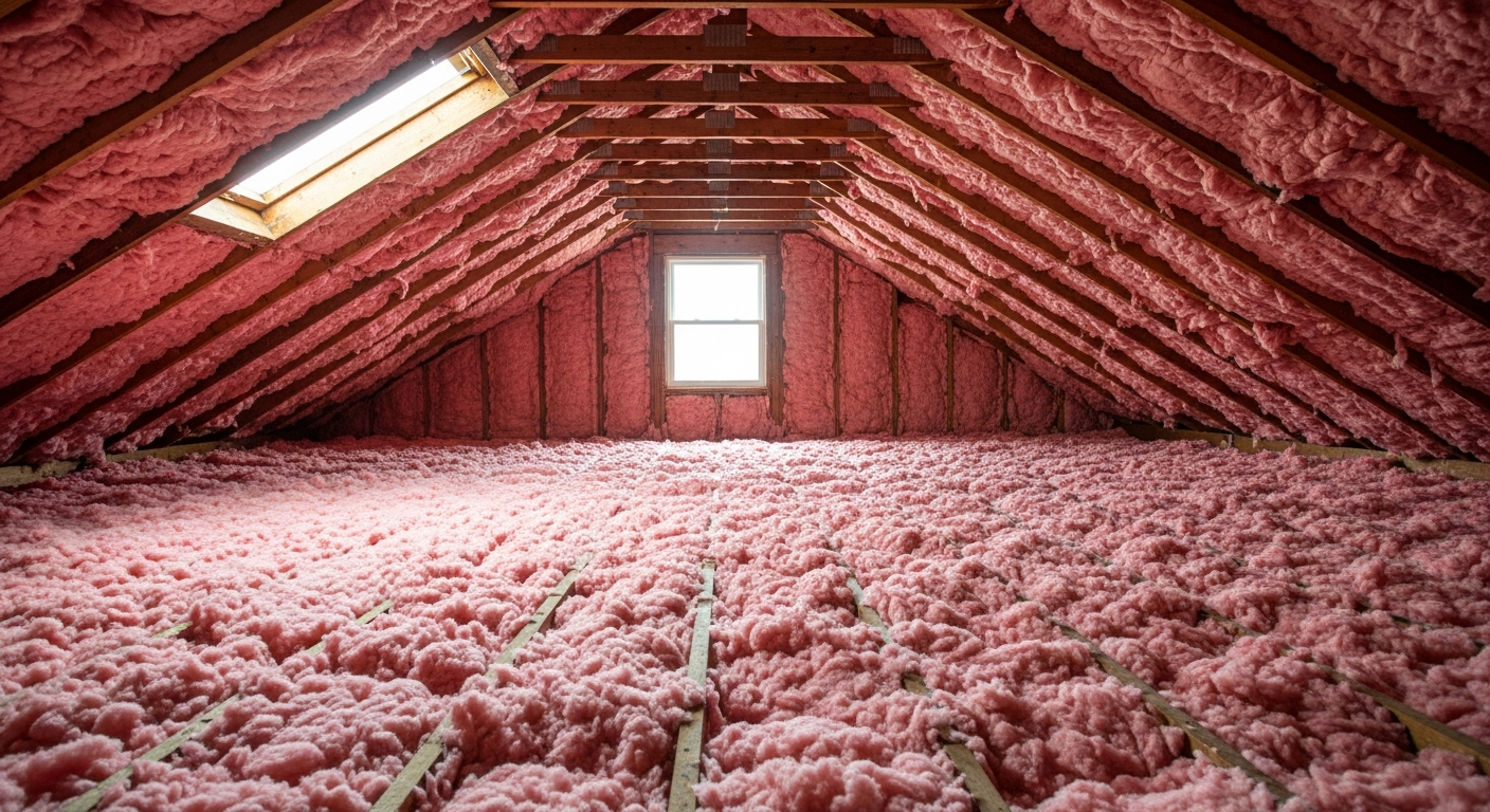 Attic with new blown-in fiberglass insulation in a 1950s bungalow in Midtown Portsmouth,