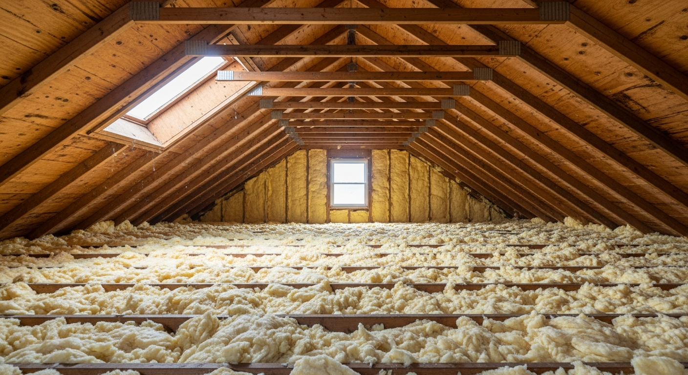 Attic with new blown-in fiberglass insulation in a 1960s split-level home near Military Circle and Janaf in Norfolk,