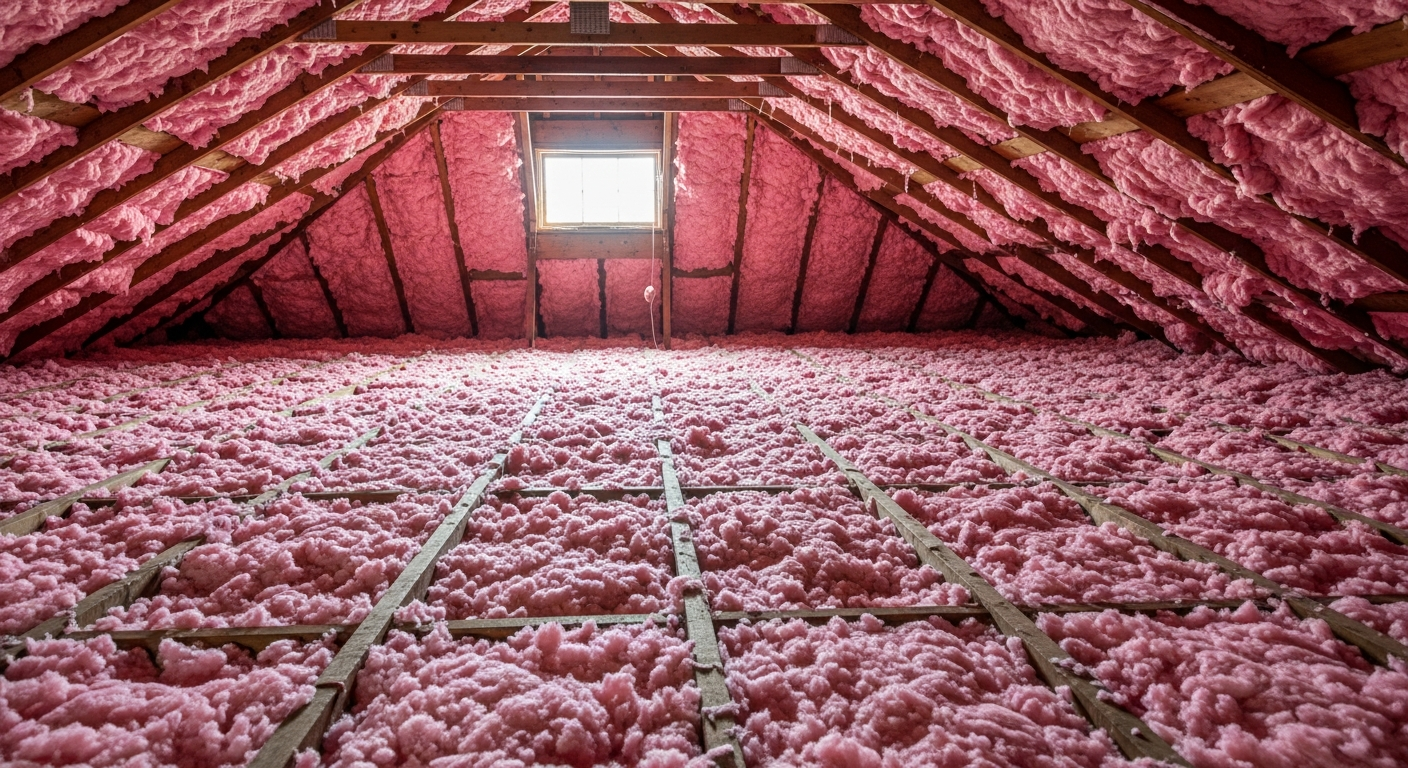 Attic with new blown-in fiberglass insulation in a mid-century ranch home in Norfolk Highlands near Broad Creek,