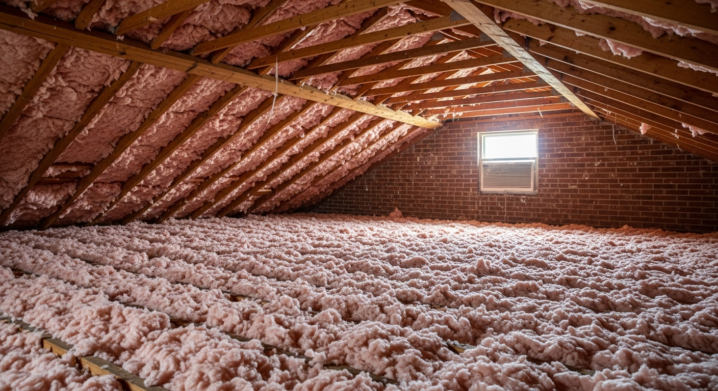 Attic with fresh blown-in fiberglass insulation in a 1950s brick rancher in Norview Norfolk near Five Points,