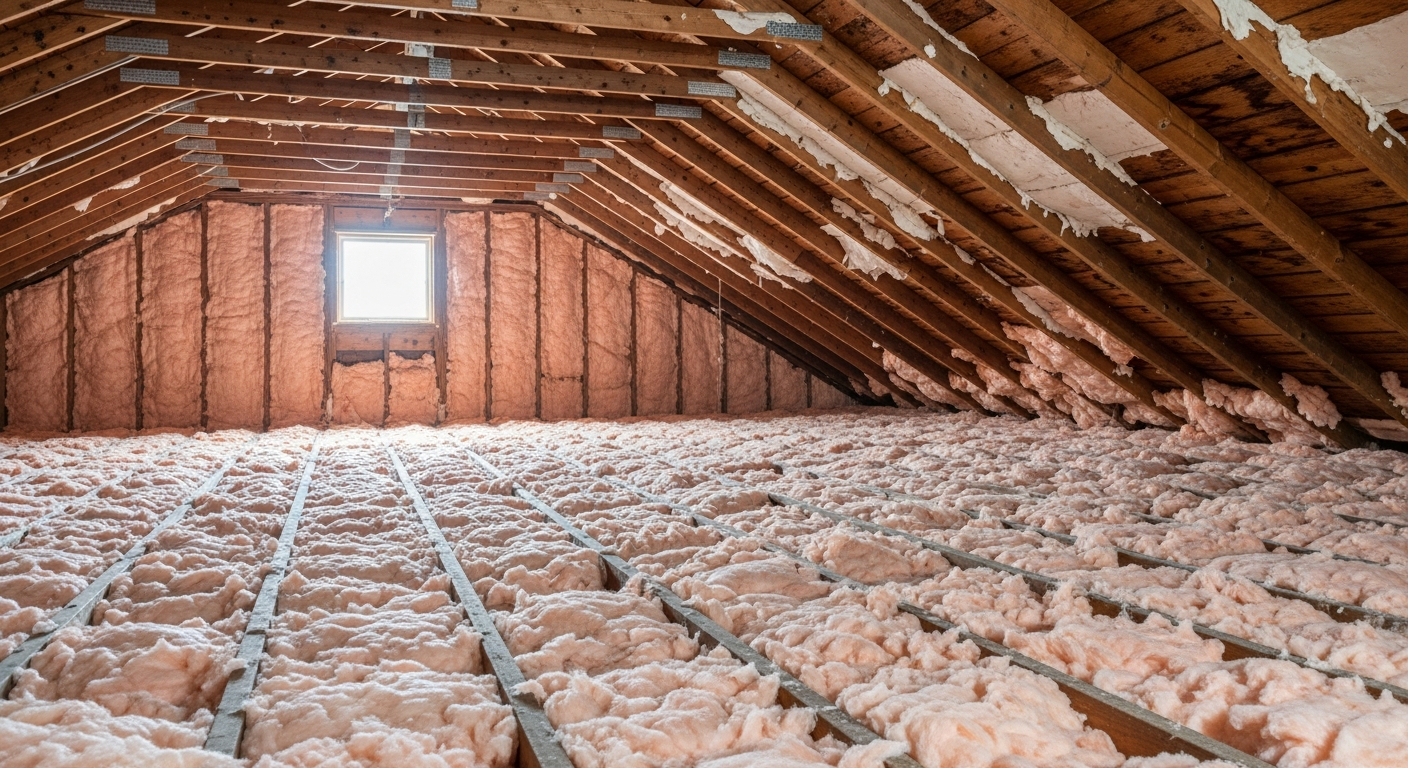 Attic with new blown-in fiberglass insulation in an Ocean View Norfolk beach cottage near the Chesapeake Bay,