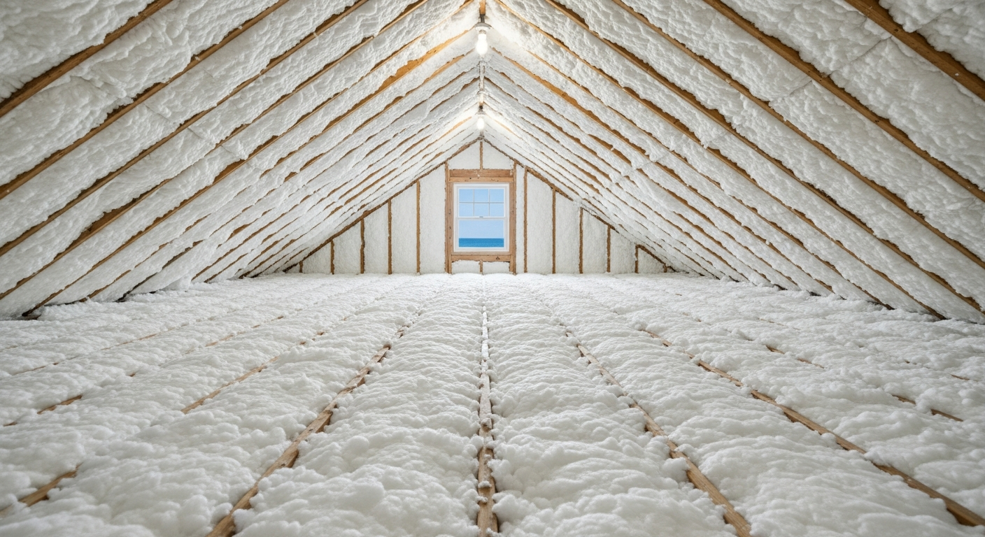 Clean freshly insulated attic with white blown-in fiberglass insulation between the joists of an Oceanfront Resort Area home near the Virginia Beach Boardwalk,