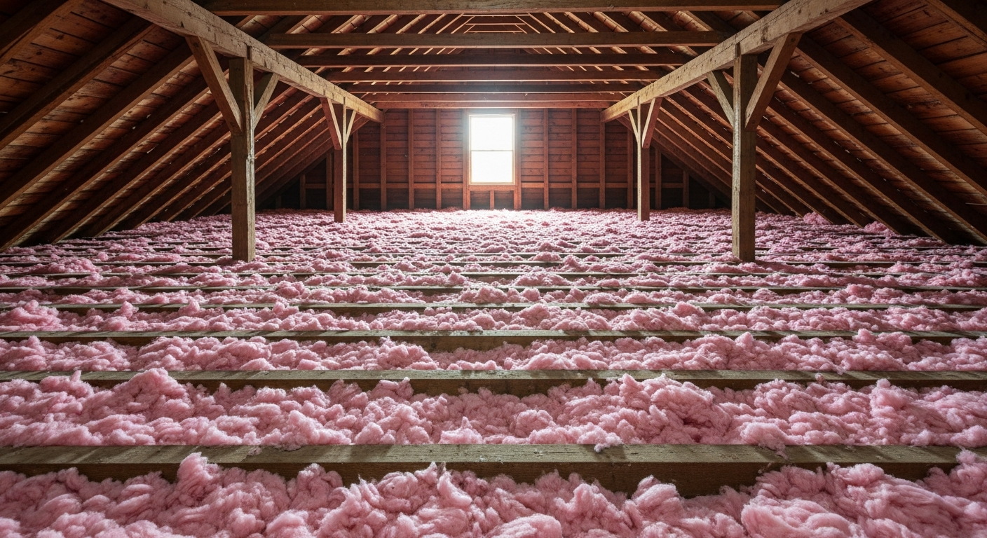 Attic with fresh blown-in fiberglass insulation under the timber framing of a historic Olde Towne Portsmouth townhome,