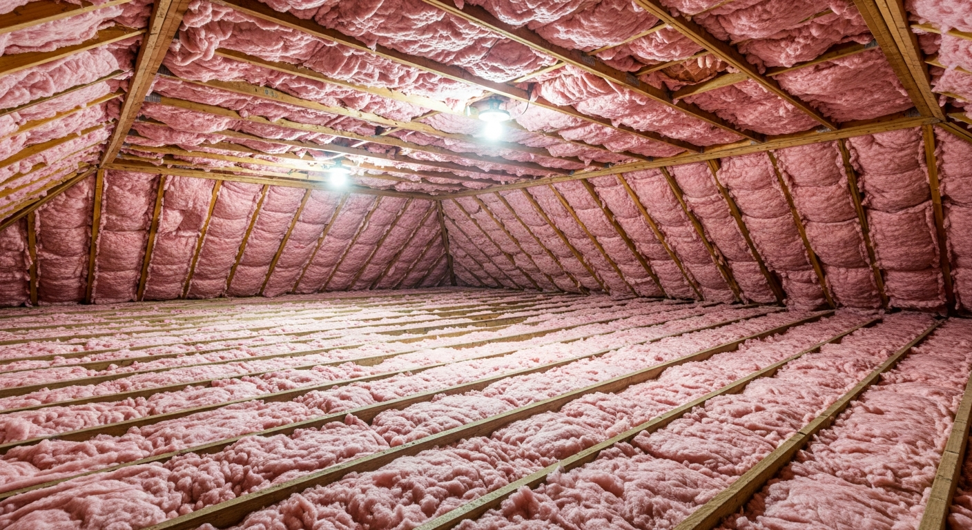 Large truss-framed attic with deep pink blown-in fiberglass insulation in a newer Princess Anne Courthouse area home in Virginia Beach, ZIPs