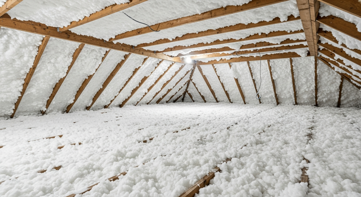 Farmhouse attic with rough-sawn rafters and fresh white blown-in fiberglass insulation in a rural Pungo Blackwater home in southern Virginia Beach,