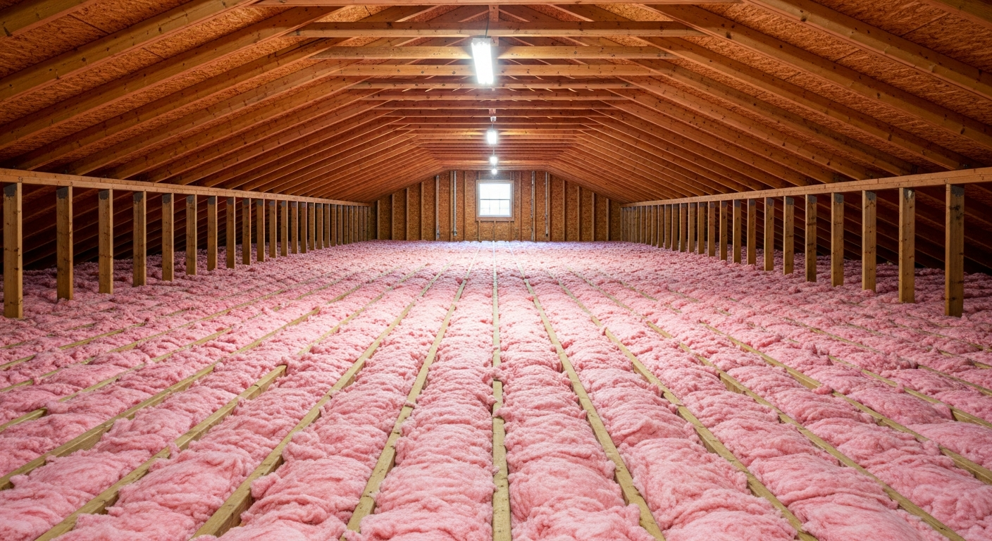 Attic with pink blown-in fiberglass insulation in a Rivercrest Chesapeake two-story home near the Western Branch of the Elizabeth River,