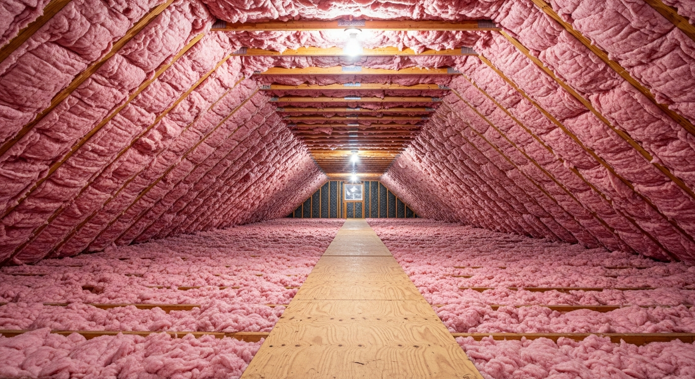 Beach house attic with plywood catwalk between pink blown-in fiberglass insulation in a Sandbridge Virginia Beach home near Back Bay National Wildlife Refuge,