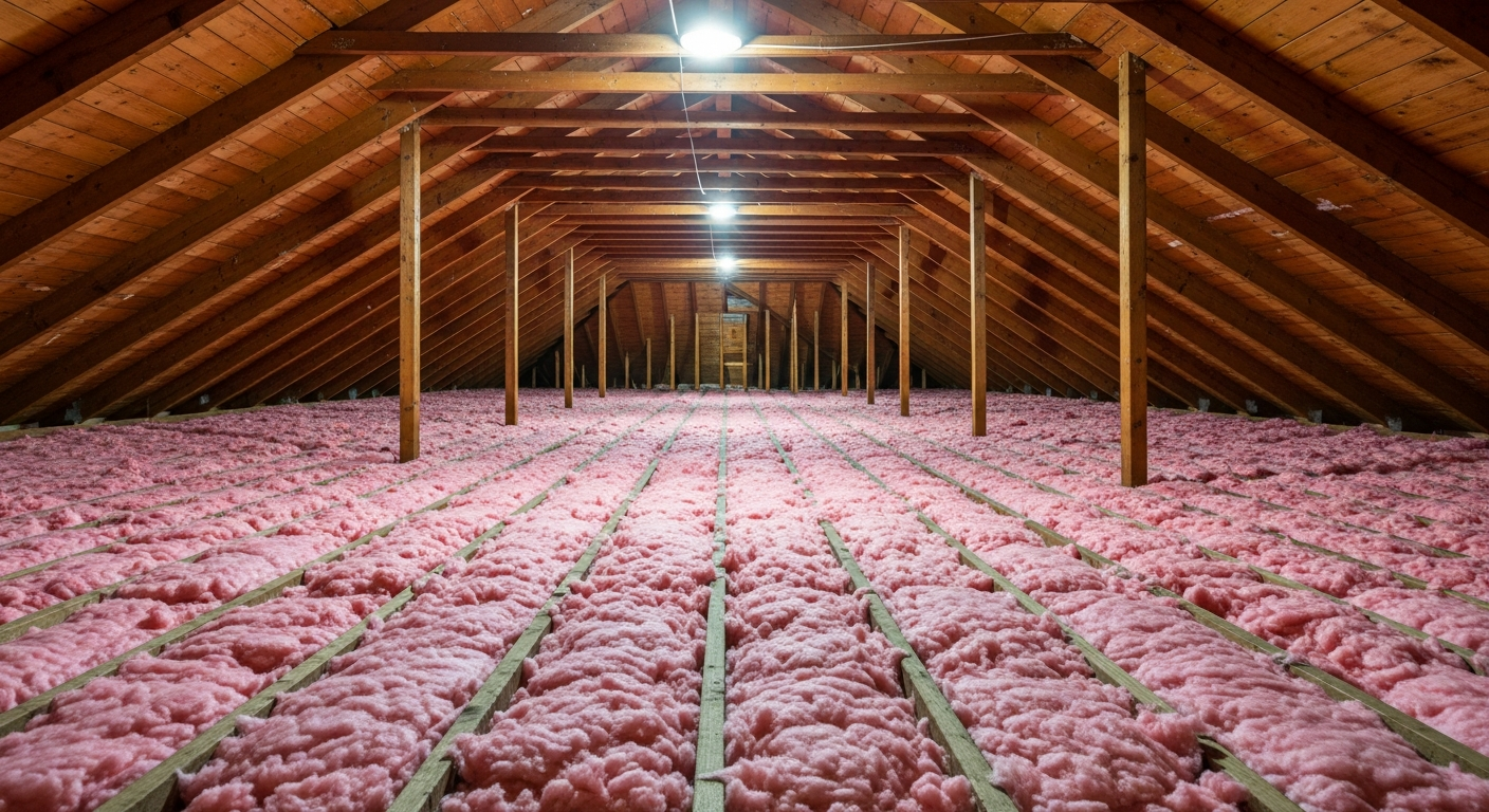 Steep-roofed early-1900s attic with pink blown-in fiberglass insulation in a historic South Norfolk Chesapeake home,