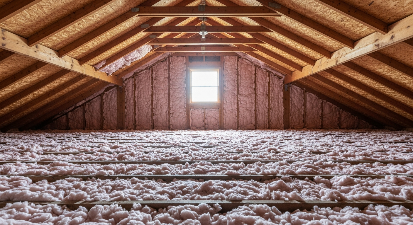 Attic with new blown-in fiberglass insulation in a historic 1918 Truxtun Portsmouth home built for shipyard workers,