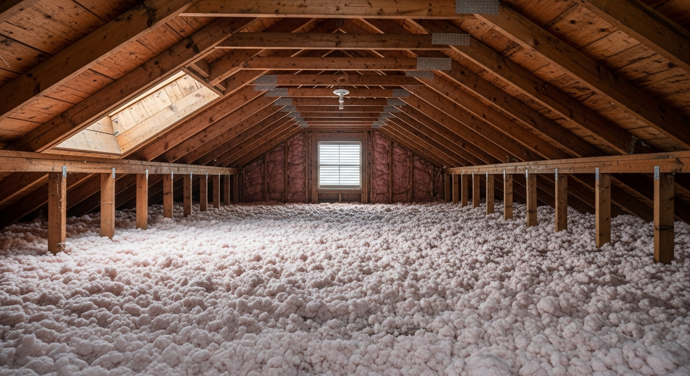Attic with new blown-in fiberglass insulation in a WWII-era home in Victory Village near the Norfolk Naval Shipyard in Portsmouth, ZIPs