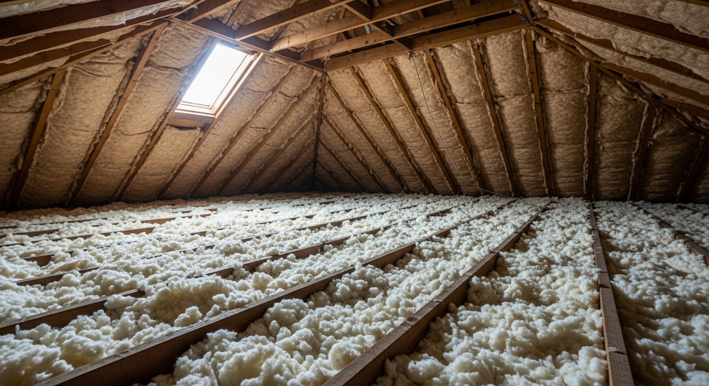 Attic with fresh blown-in fiberglass insulation in a post-war brick bungalow in West Portsmouth's Park View area,
