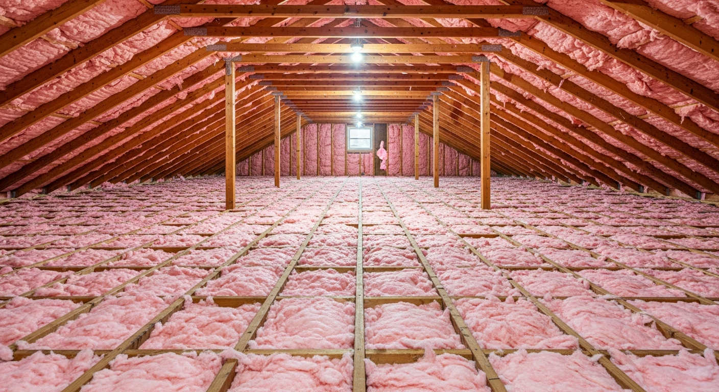 Attic with pink blown-in fiberglass insulation in a Western Branch Chesapeake split-level home near the Elizabeth River, ZIPs