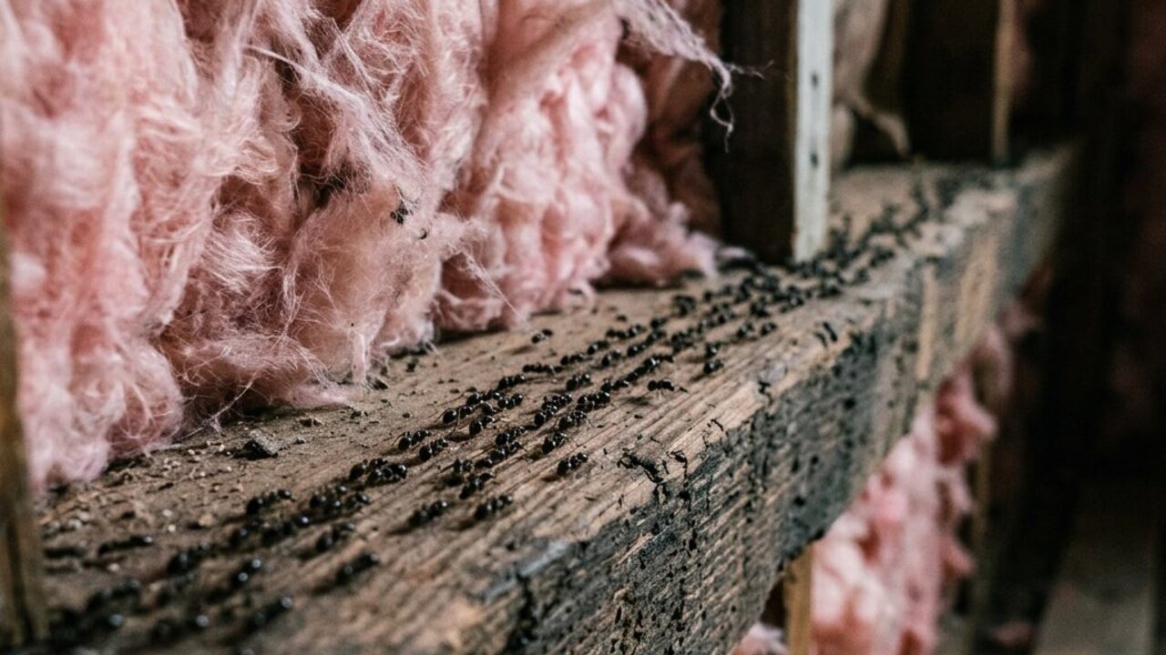 Trail of ants crawling along a wooden sill plate beside fiberglass insulation inside a Hampton Roads wall cavity