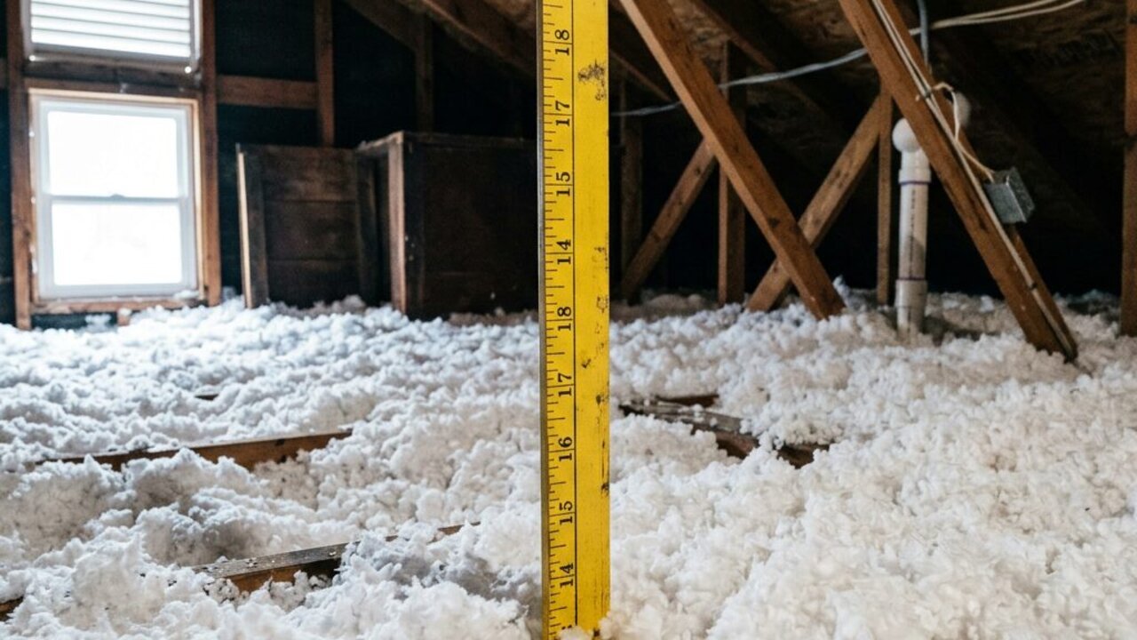 Insulation depth ruler standing in deep blown-in attic insulation to measure R-value in a Hampton Roads home