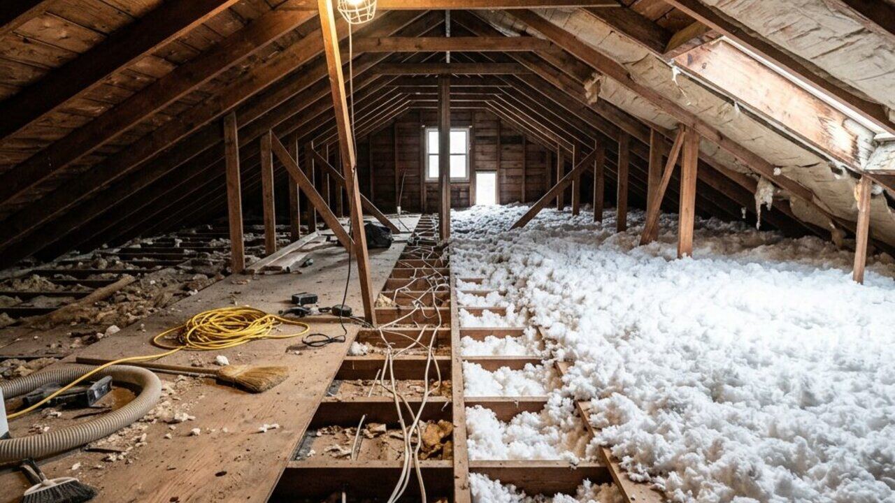 Attic mid-replacement with one side stripped to bare joists and the other covered in fresh white blown-in insulation in a Virginia Beach home