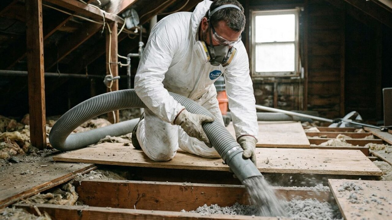 Worker in a protective suit guiding an industrial vacuum hose removing contaminated insulation from attic joists in a Hampton Roads home