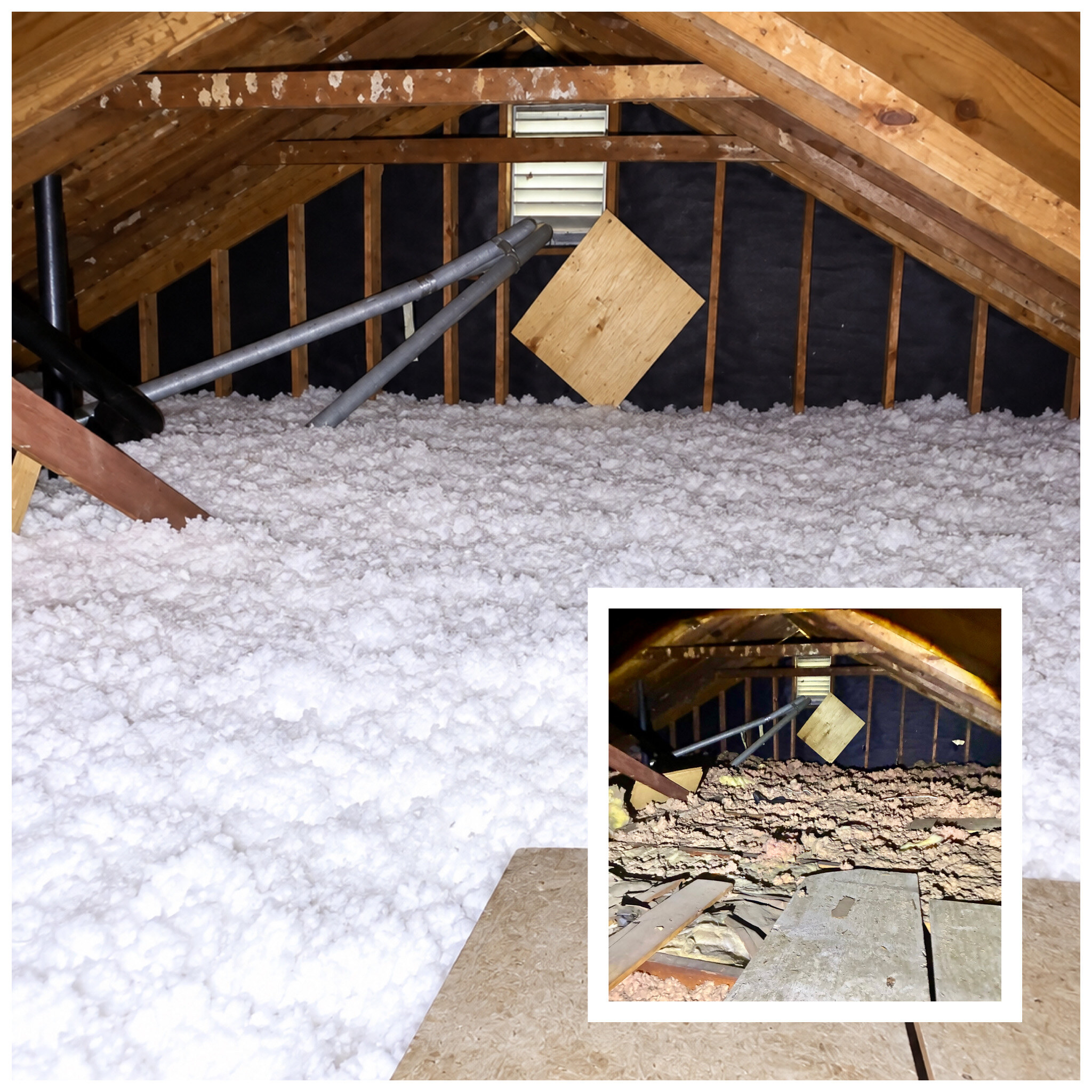 Attic insulation replacement result with a bright even finished layer and a smaller inset showing the older attic condition