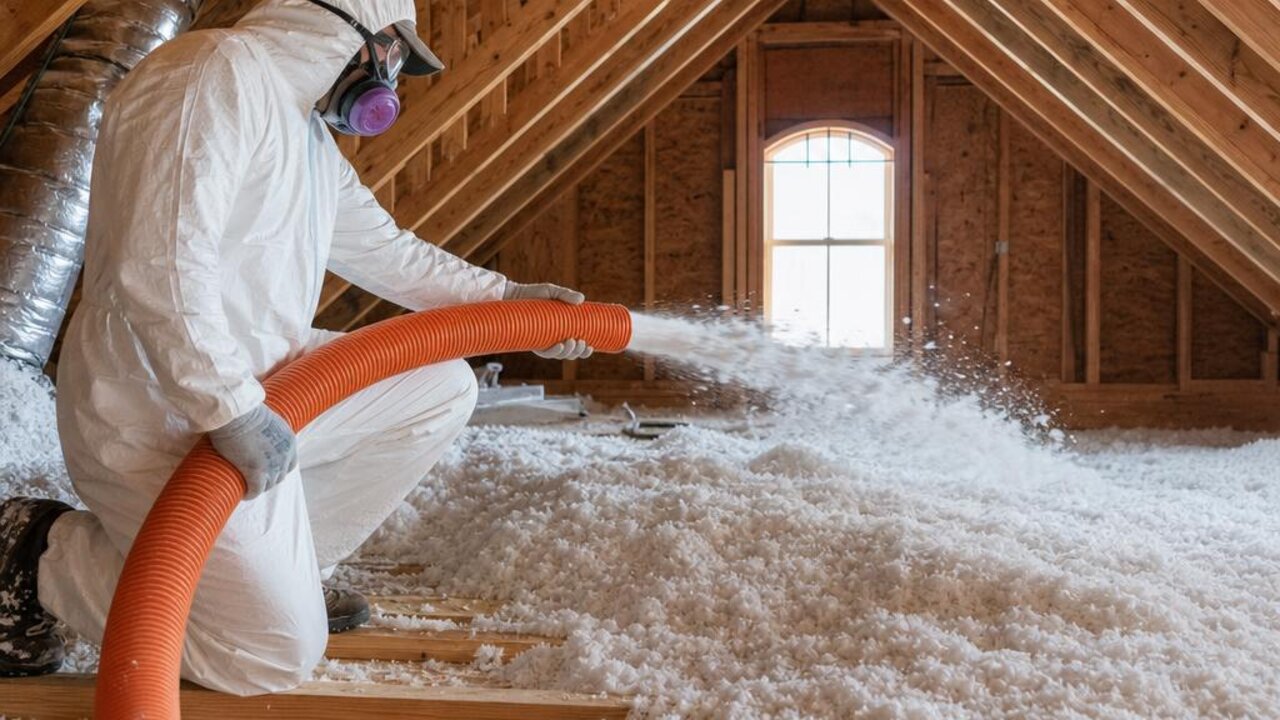 Attic insulation being blown into the rafters of a Chesapeake Virginia home, with a worker in protective gear and an orange hose running across the attic floor