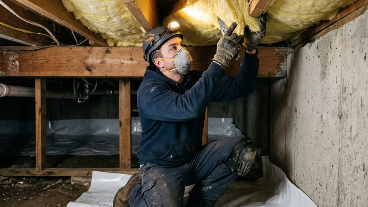 Technician installing new fiberglass batt insulation between crawl space floor joists over a clean vapor barrier beneath a Virginia Beach home