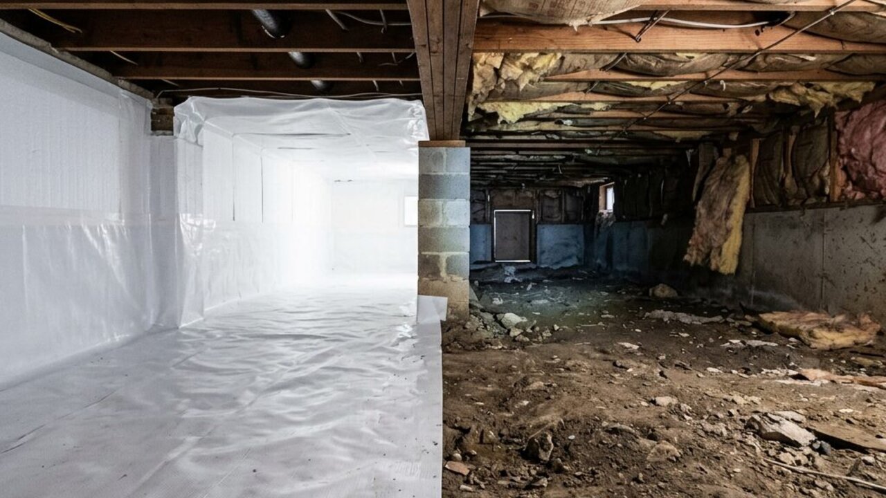 Sealed crawl space liner and insulation beneath a Hampton Roads home