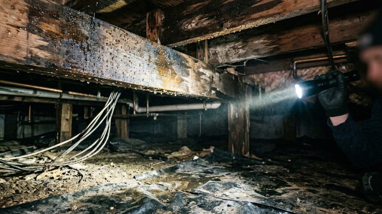 Condensation droplets and dark moisture staining on crawl space floor joists in a Chesapeake home near the Great Dismal Swamp
