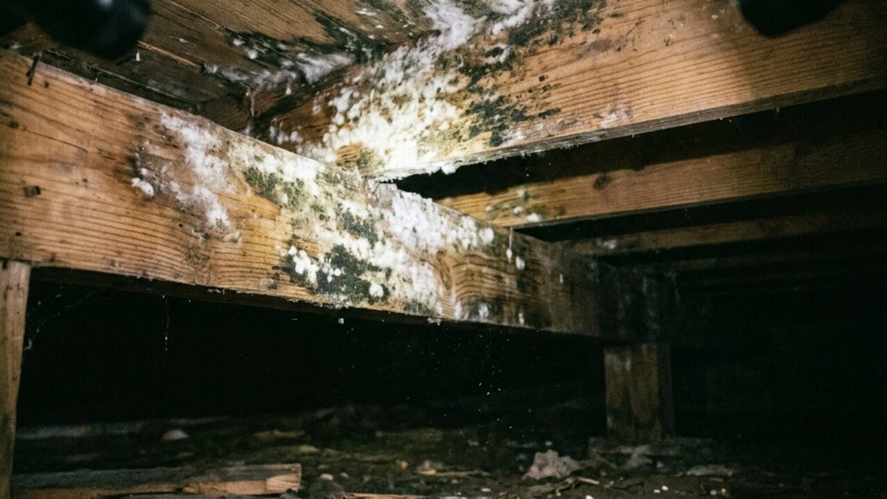 Wood joists with dark mold-like spotting in a crawl space