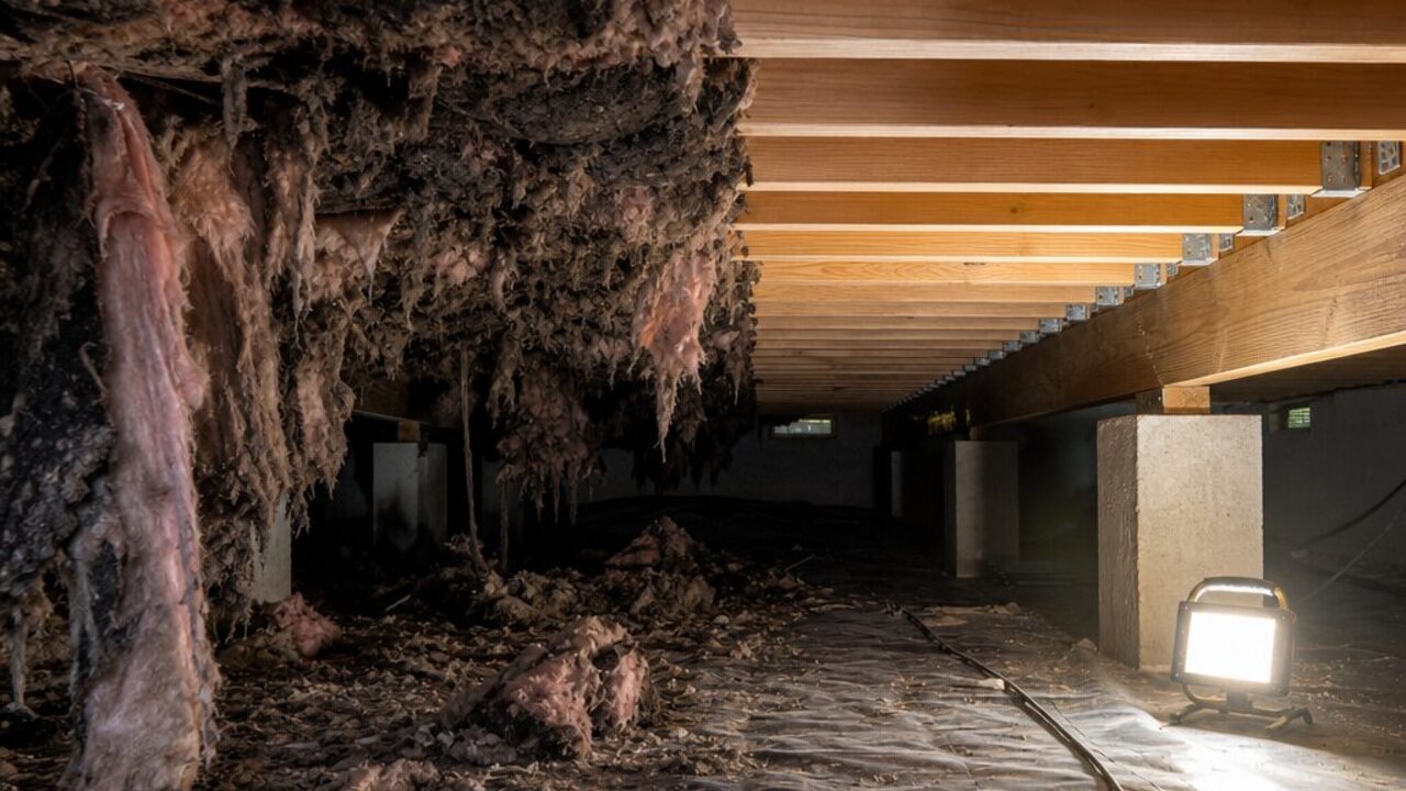 Crawl space with dark, contaminated fiberglass batts sagging out of the floor joists on one side and the joist bays stripped back to bare wood on the other, in Greenbrier Chesapeake