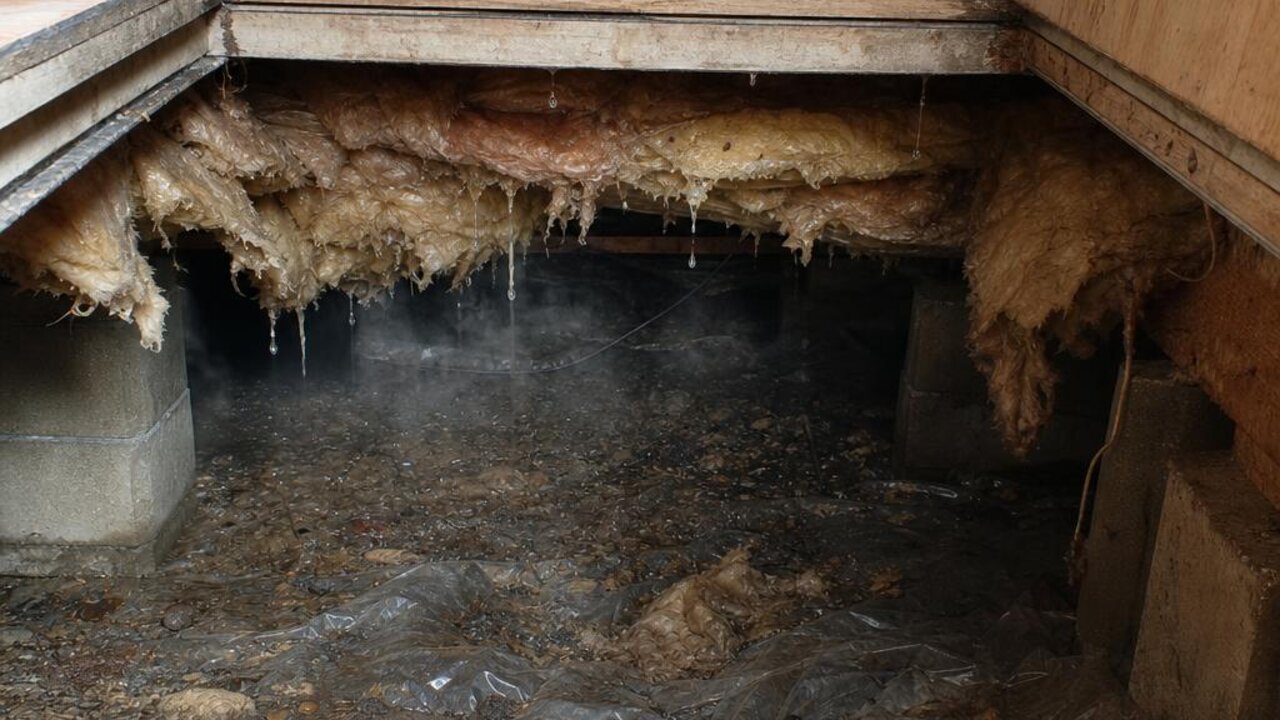 Open crawlspace access hatch in a Hampton Roads home with moisture visible on aging fiberglass batts sagging from the floor joists